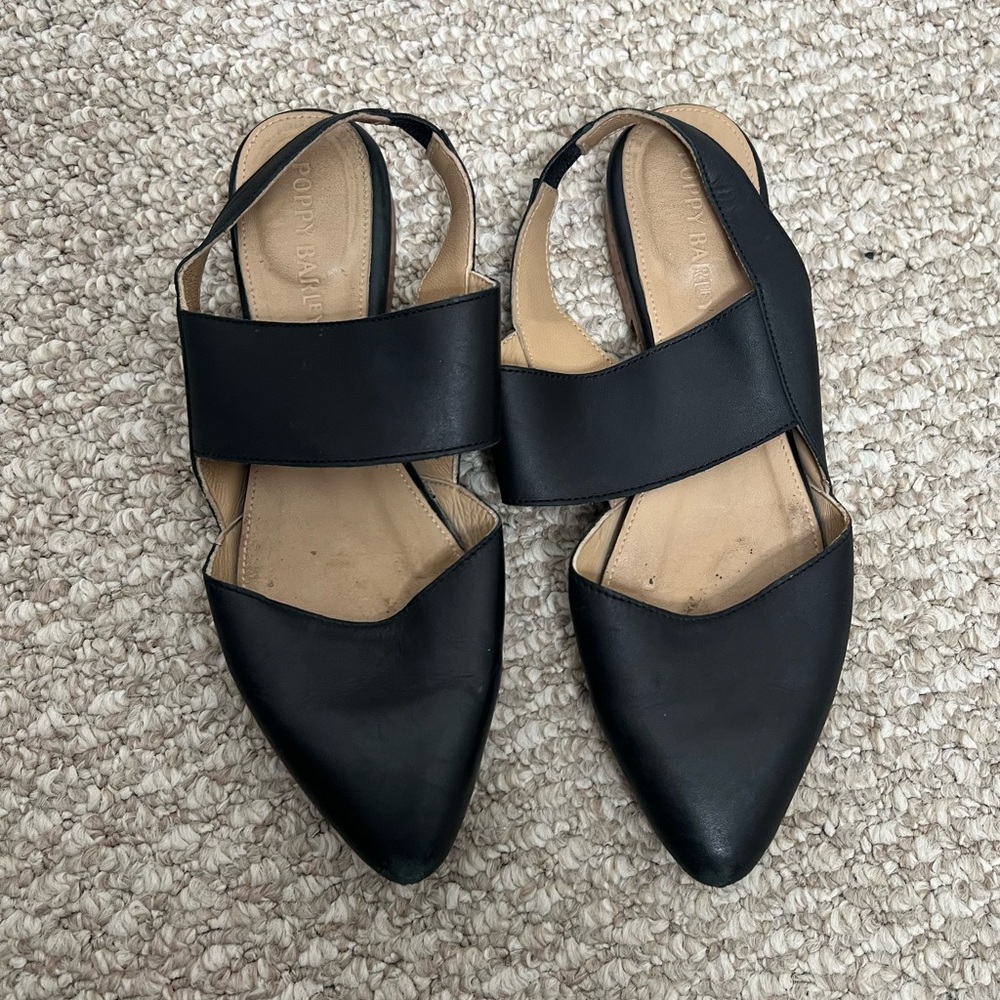 Poppy Barley Black Leather Pointed Slingback Flats